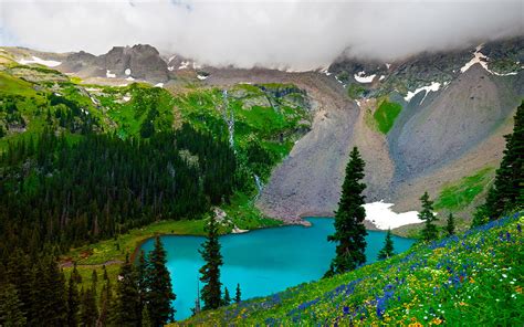 Spring Mountain Landscape The Turquoise Lake Mountain Forest Flowers