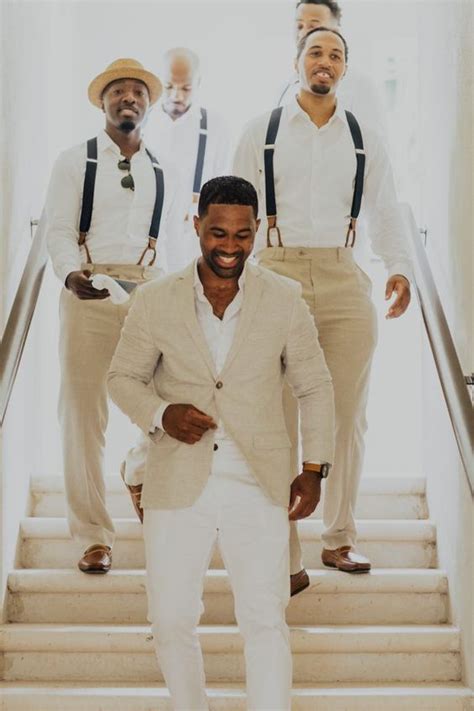 From simple designer wedding suits to a classic wedding tuxedo, there are several types of let's match the types of wedding suits for grooms to the wedding dress code the bride demands. Picture Of a tan suit, a white shirt and white pants to ...