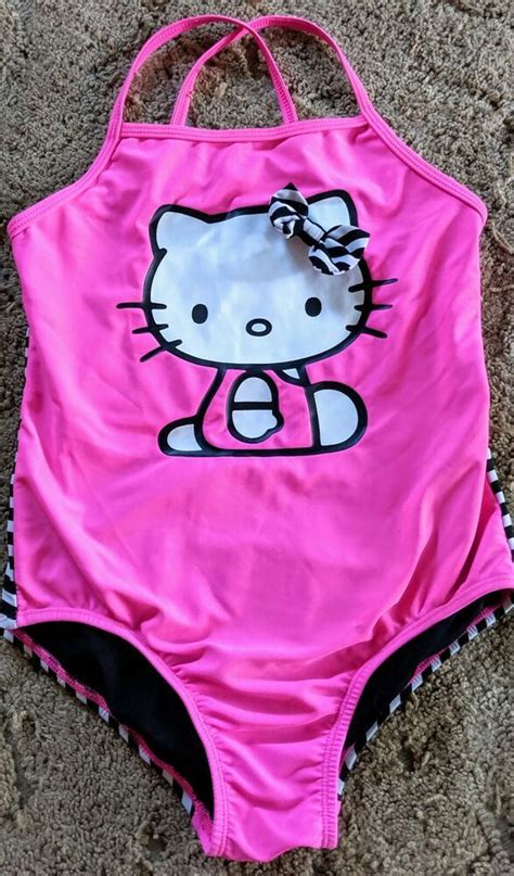 Girls Medium 8 10 Pink Hello Kitty Striped One Piece Swimsuit Swimwear