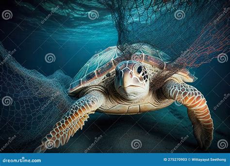 Sea Turtle Entangled In A Discarded Fishing Net Generative Ai Stock
