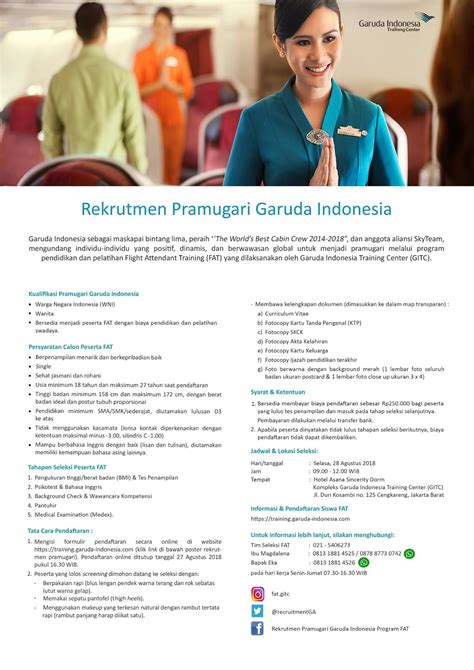 Ulasan ini berisi contoh surat lamaran kerja yang benar, termasuk contoh lamaran kerja bahasa inggris. Penerimaan Pramugari Garuda Indonesia Periode Agustus 2018 ...