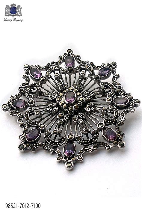 Pure Silver Brooch With 8 Pointed Star Design Amethyst Cut Crystals