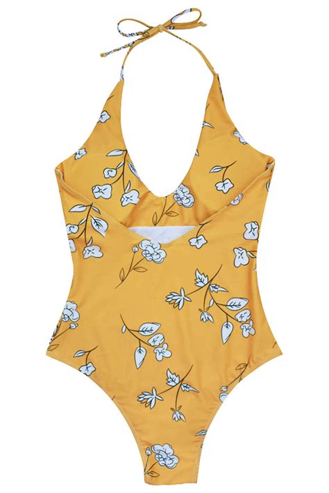 Iyasson Sweet Floral Printing Deep V Neck Halter One Piece Swimsuit