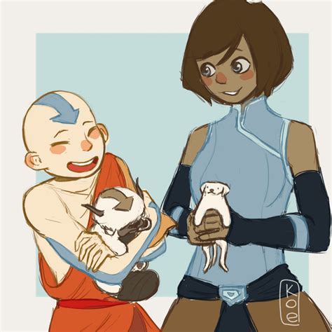 Aang And Korra Holding Their Tiny Best Friends Thelastairbender