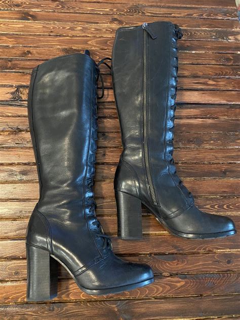 rare frye parker tall lace up leather boots black si… gem