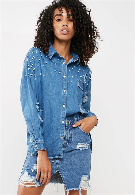 Distressed Denim Shirt With Pearl Detail Blue Missguided Shirts