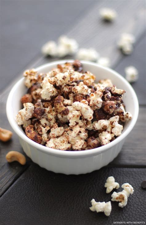 This easy snack gets its fiber from three superfoods: Desserts With Benefits Healthy Chocolate Cashew Popcorn - the Perfect Snack for Game Day! (sugar ...