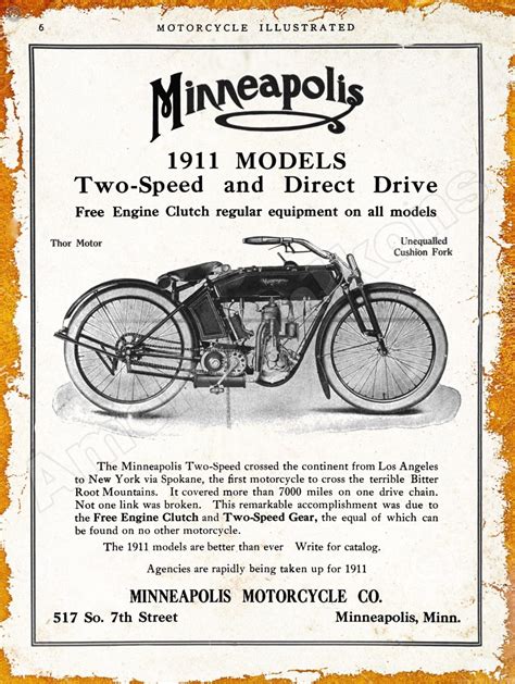 1911 Minneapolis Motorcycles Collectible Metal Sign Minneapolis