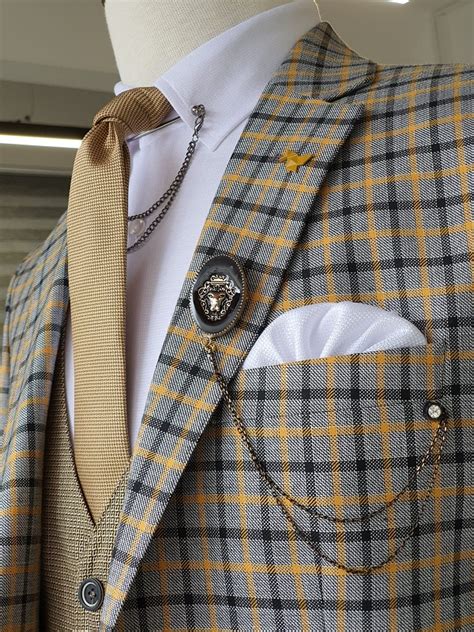 Yellow Slim Fit Plaid Suit For Men By Worldwide Shipping