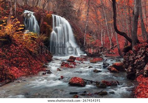 Beautiful Waterfall Trees Red Leaves Rocks Stock Photo Edit Now 267414191