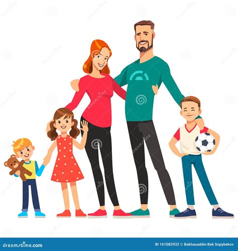 Familia Joven Y Feliz Papá Mamá Hijos E Hijas Juntos Ilustración