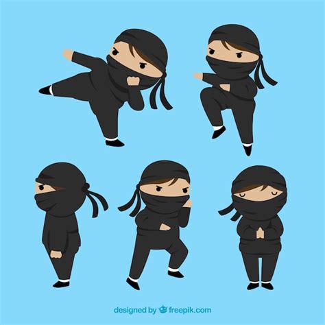Free Vector Ninja Character In Different Poses With Flat Design