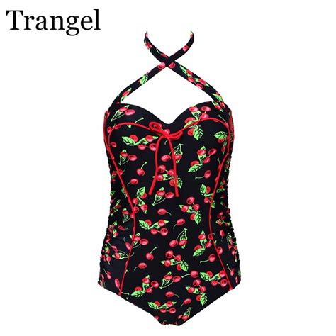Trangel Plus Size Swimwear One Piece Swimsuit Sexy Women Swimwear Cherry Print Female Bathing