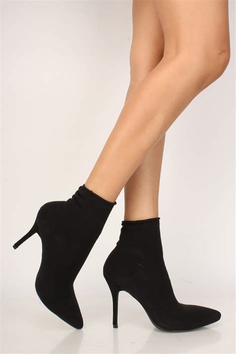 Amiclubwear Sexy Black Pointy Toe Single Sole High Heels Sock Booties