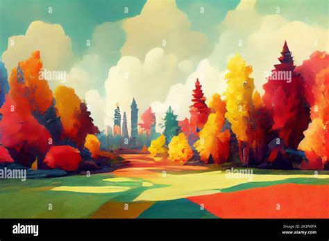 Beautiful Autumn Forest Landscape With Clouds Artistic Effect Painting