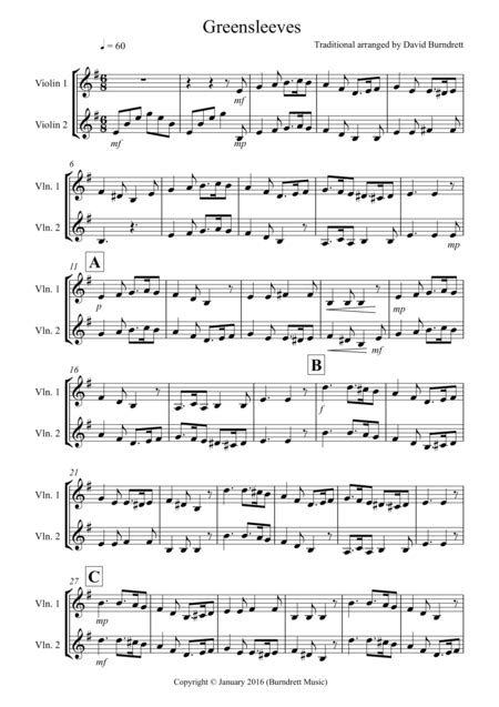 Print and download sheet music for hey there delilah by plain white t's. Download Greensleeves For Violin Duet Sheet Music By ...