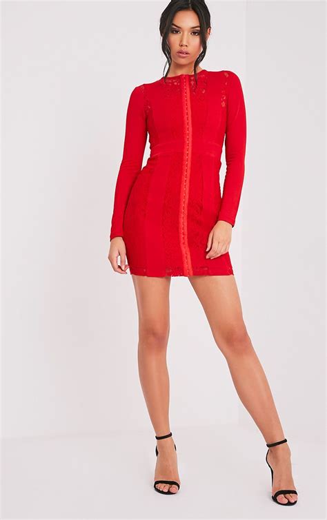 issie red long sleeve lace panel bodycon dress dresses prettylittlething