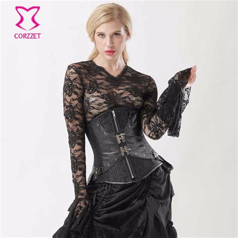 Buy Black Leather And Brocade Gothic Underbust Corset Steampunk Plus Size Corsets