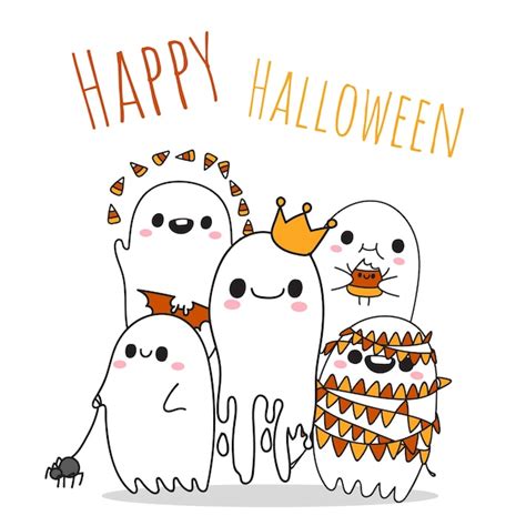 Happy Halloween With Five Little Cute Ghosts Premium Vector