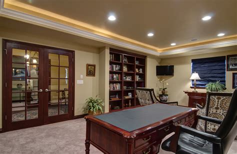 Basement Office With Built In Shelves Traditional Home Office