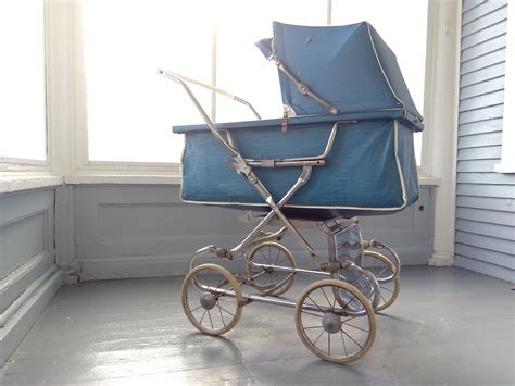 Vintage Baby Buggy Stroller Crown Metal Silver Vinyl Rubber Wheels Blue