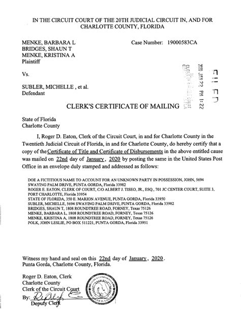 Clerks Certificate Of Mailing For Certificate Of Title January 24 2020