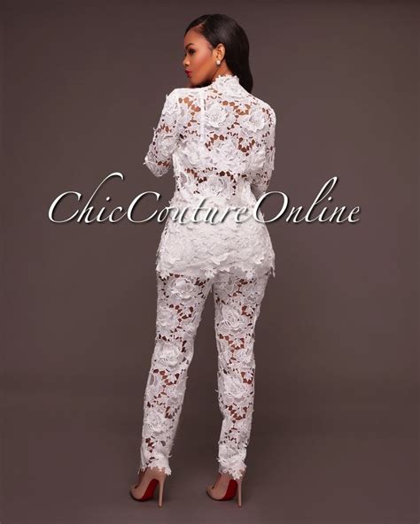 chic couture online marcelynn white lace two piece pants set chiccoutureonline