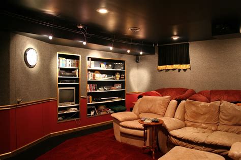 Home Theater Ideas With Burgundy And Gray Decorations Unfinished