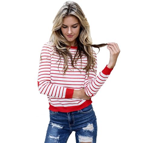 Buy Hot Red And White Striped Women T Shirt O Neck