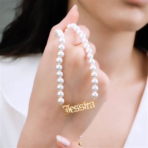 Pearl Name Necklace Pearl Old Englısh Name Necklace Custom Etsy