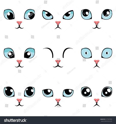 Set Of Funny Cartoon Blue Cat Eyes Isolated On White Vector