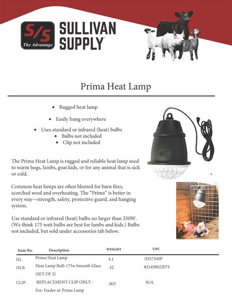 Enregistré historique d'achat et favoris. Prima Heat Lamp - Sullivan Supply, Inc.