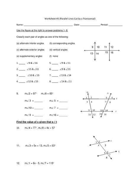 Two parallel lines cut by a transversal worksheet answers