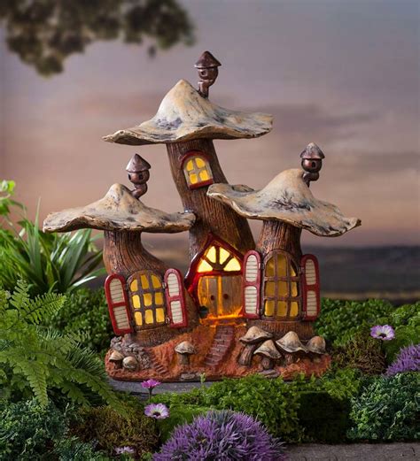 Solar Lighted Three Mushroom Fairy House Wind And Weather