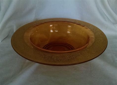 Cambridge Amber Glass Ribbed Console Bowl With Gold Etched Rim In Florentine Pattern By