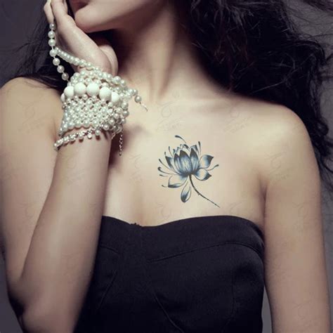 Temporary Tattoo Blue Lotus Sticker Waterproof Sexy Flower Fake Pattern Design Chest Body Art