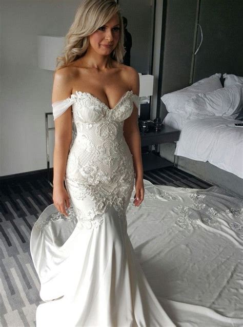 Mermaid Off The Shoulder Court Train Wedding Dress With Lace Appliques