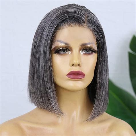 salt and pepper grey human hair straight bob wig 13x4 lace front wig idefinewig