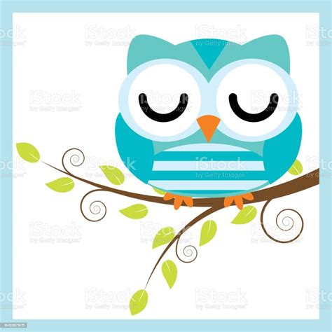 Cute Owl Sleep On The Branch Of Tree Vector Cartoon Illustration Stock