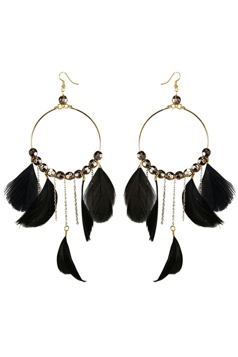 Feather Hoop Earrings In Black Earrings Drop Earrings Fashion