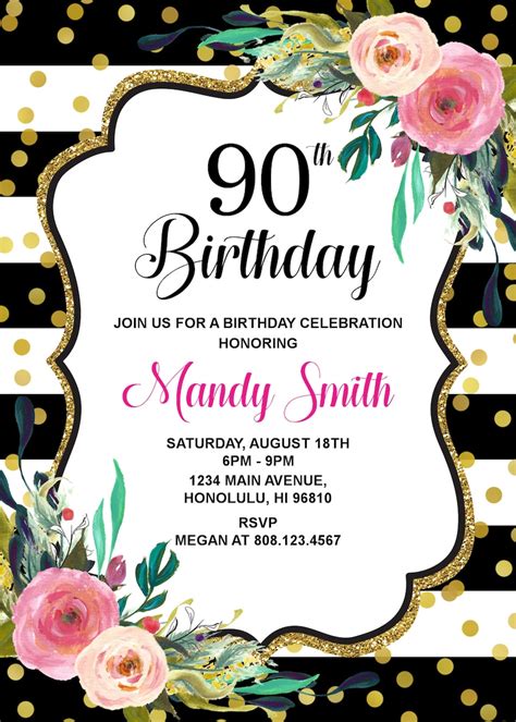 90th Birthday Invitation Women Birthday Invitation Pink Floral Etsy