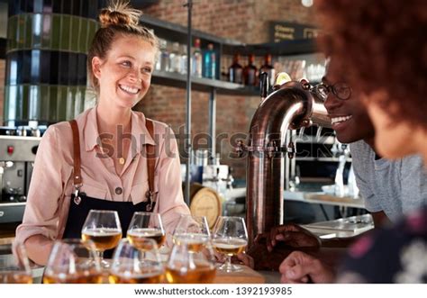 Waitress Serving Group Friends Beer Tasting Stock Photo Edit Now