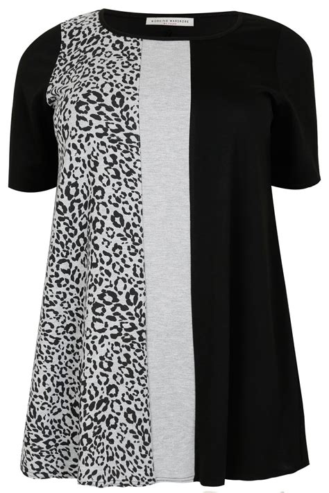Black And Grey Animal Print Panelled Longline Top Plus Size 16 To 36