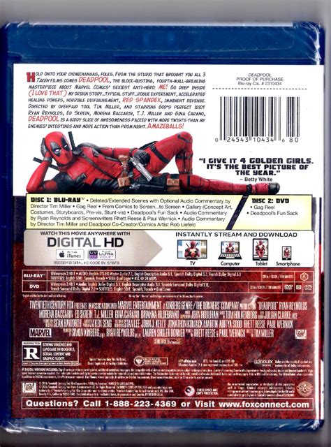 Deadpool Blu Ray Dvd Digital Hd Actionsuperhero Ryan Reynolds