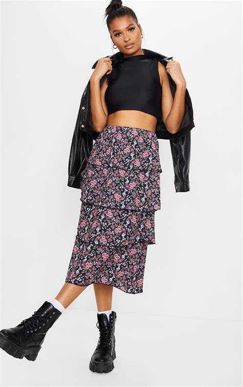 Black Ditsy Floral Tiered Midi Skirt Skirts Prettylittlething