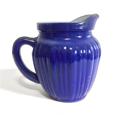 Small Vintage Cobalt Blue Glazed Milk Glass Creamer Pitcher Etsy