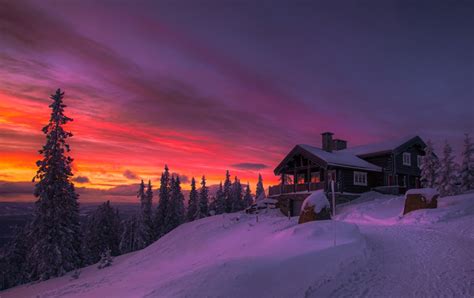 House In Winter Sunset