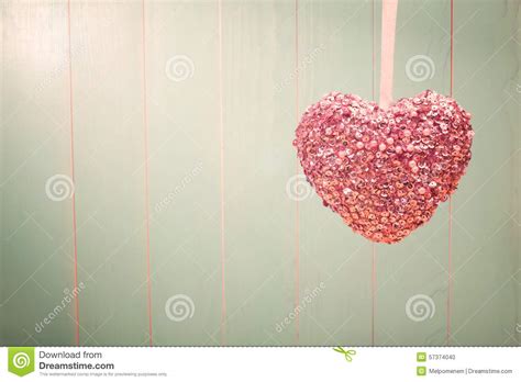 Pink Shiny Heart On Vintage Green Wood Background Stock Photo Image