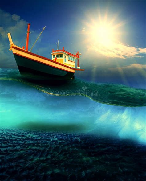 Fishery Boat Floating On Dramatic Ocean Level Stock Illustration