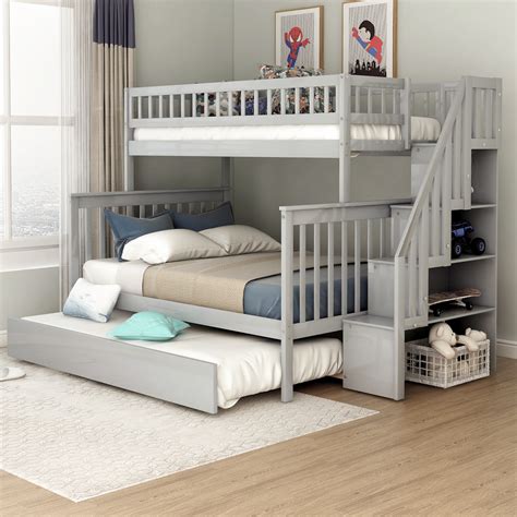Euroco Twin Over Full Bunk Bed With Trundle And Stairs For Kids